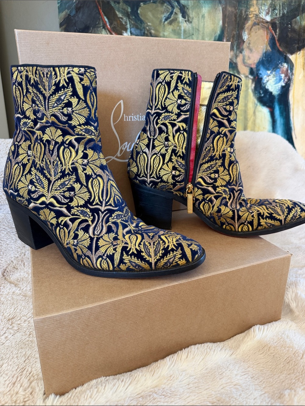 Christian Louboutin Navy & Gold Embroidered Ankle Boots